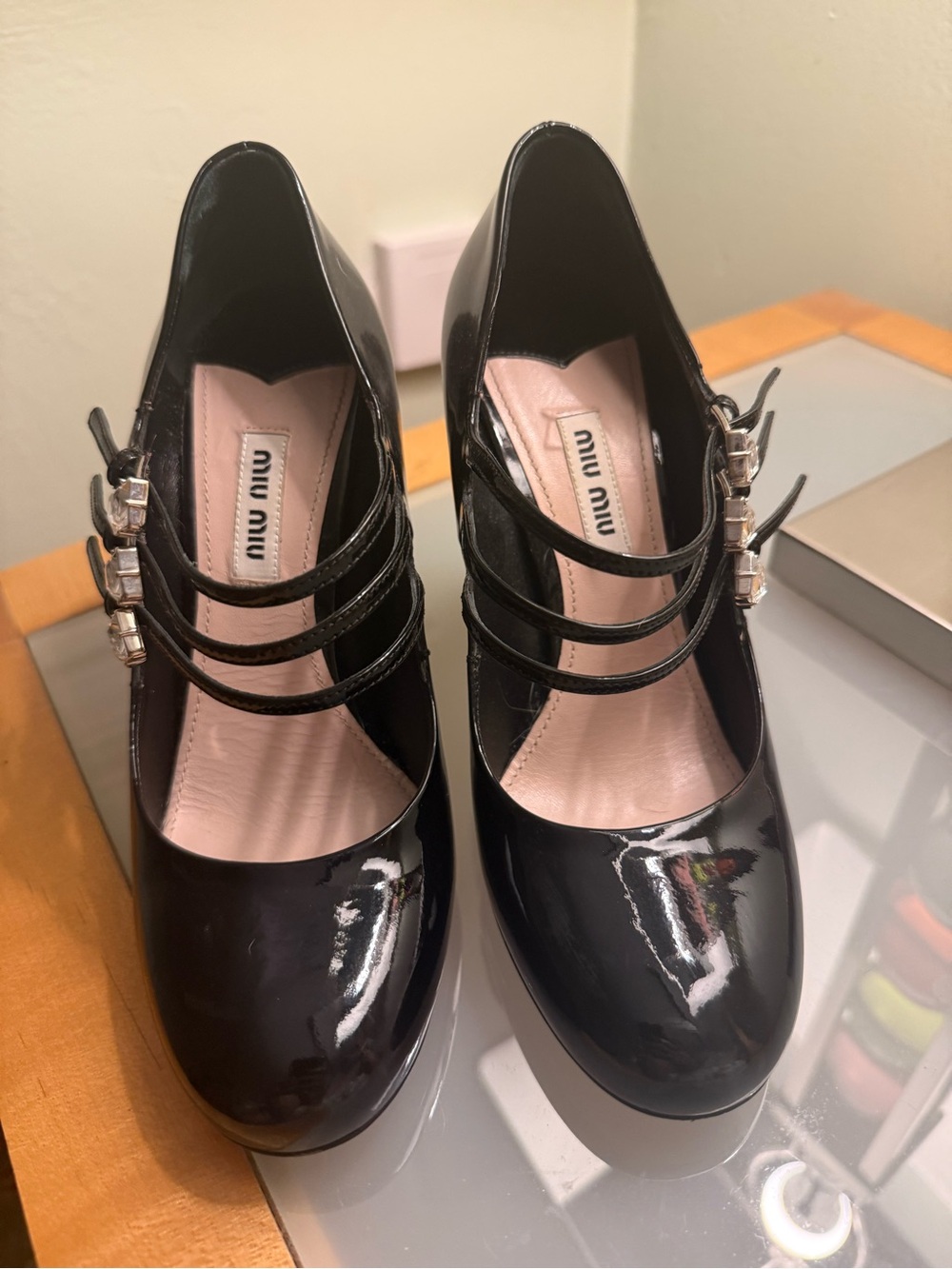Miu Miu Black Patent Triple-Strap Block Heels with Crystal Buckles